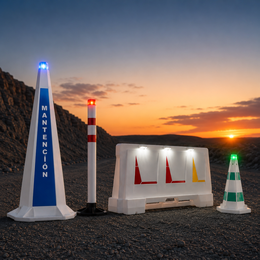Delimitadores solares con luces LED - cono, baliza, barrera y valla peatonal