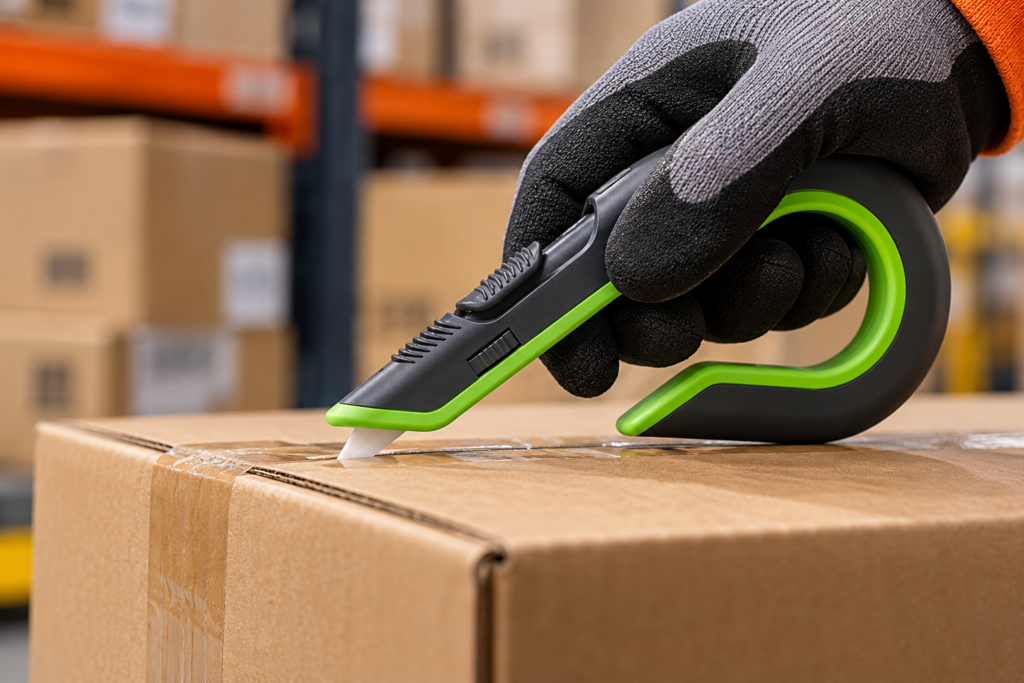 Cutter de seguridad Slice cortando caja de cartón
